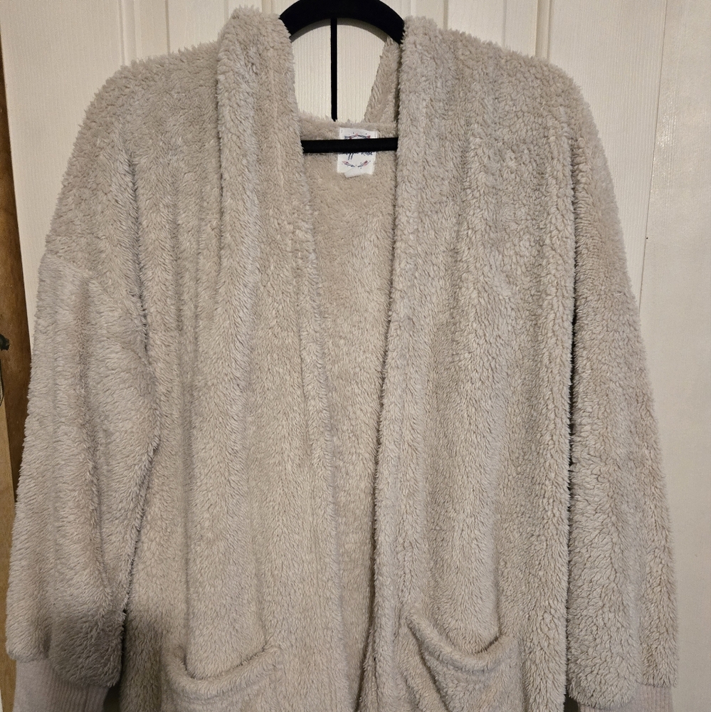 Beige Hippie Rose Faux Fur Cardigan and Sweatpants Set